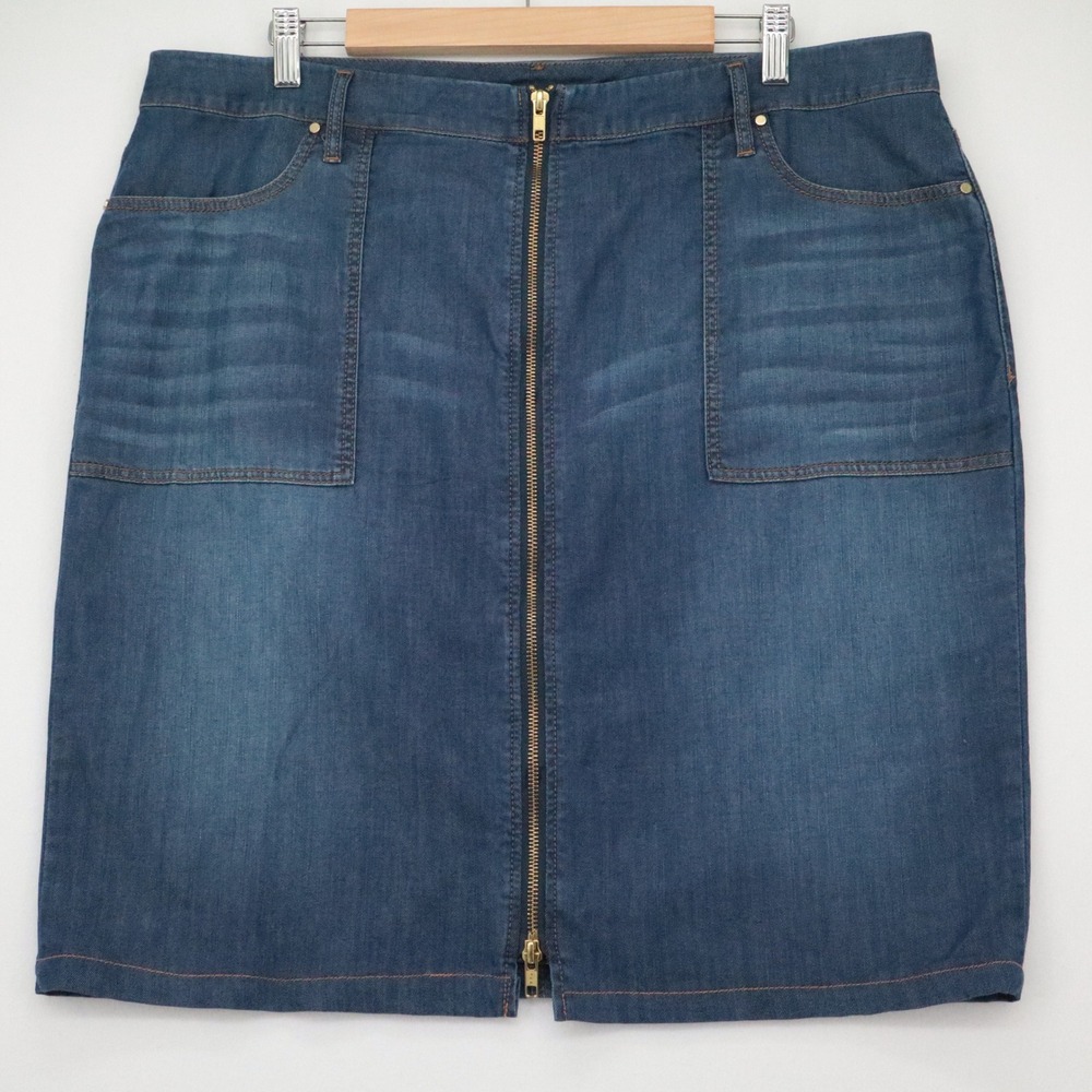 Chicos Sz 3 Denim Jean Skirt‎ Womens 16 (XL) Front Two Way Zipper Knee Length